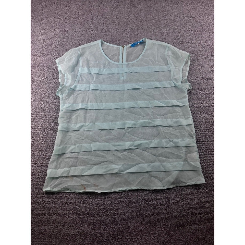 Ruche Blouse Women L Blue Sheer Ruffle Cap Sleeve Zip‎ Back Chiffon Romantic